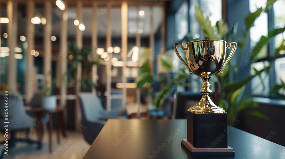 Winner. Golden cup on the table symbolizing personal achievements at work. Winner. Golden cup on the table symbolizing personal achievements at work.