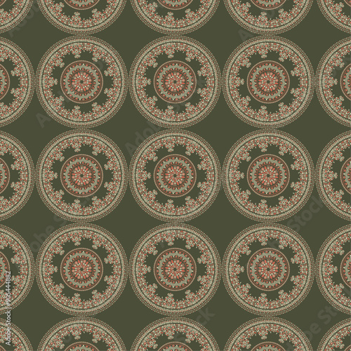 Seamless Batik floral embroidery pattern on Green background Indian kalamkari Mandala Batik traditional block print design Ajrakh print Madhu Bani. Used for texture ,fabric ,clothing wrappings etc.