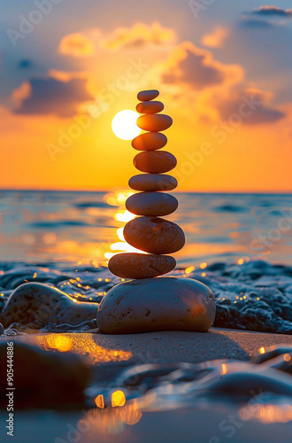 Photo of balanced stones on the beach at sunset, with a stack of stones and the sun visible between them. photo