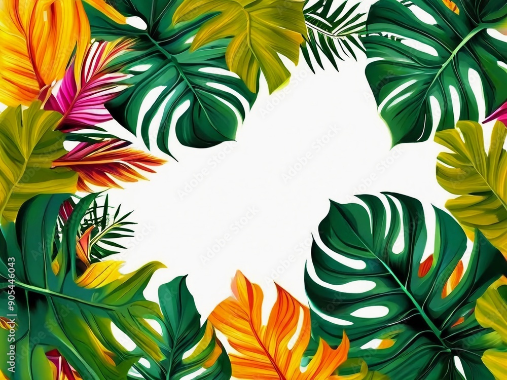 Tropical leaves frame with vibrant colors on white background, perfect for summer design. Tropical leaves frame with vibrant colors on white background, perfect for summer design.
