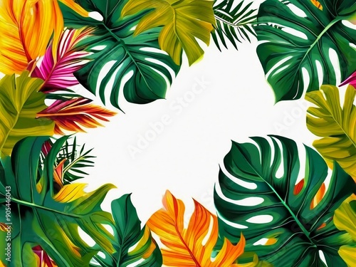 Tropical leaves frame with vibrant colors on white background, perfect for summer design.