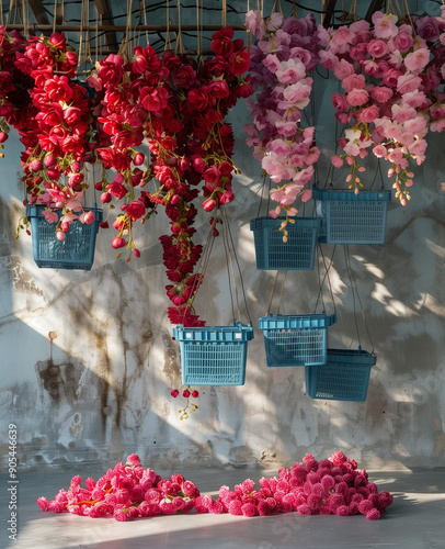 An installation of plastic blue crates hanging from the ceiling in an urban space, filled with red and pink flowers and covered with colorful blooms, features light-blue cloth strips replacing traditi photo