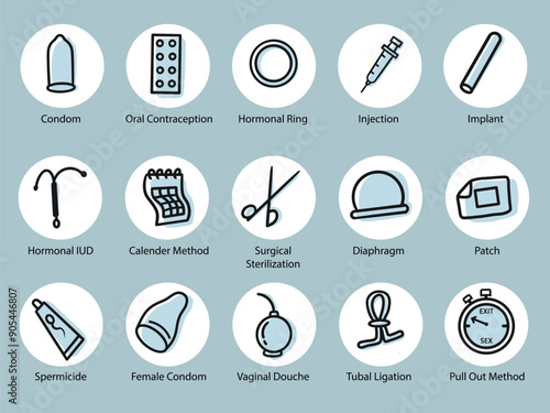 Set of thin line contraceptive methods Icons. Line art icon with Yellow shadow. Vector illustration