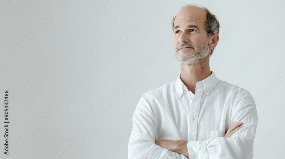 A man stands pensively with arms crossed, reflecting deep thoughts in a bright, minimalist room A man stands pensively with arms crossed, reflecting deep thoughts in a bright, minimalist room