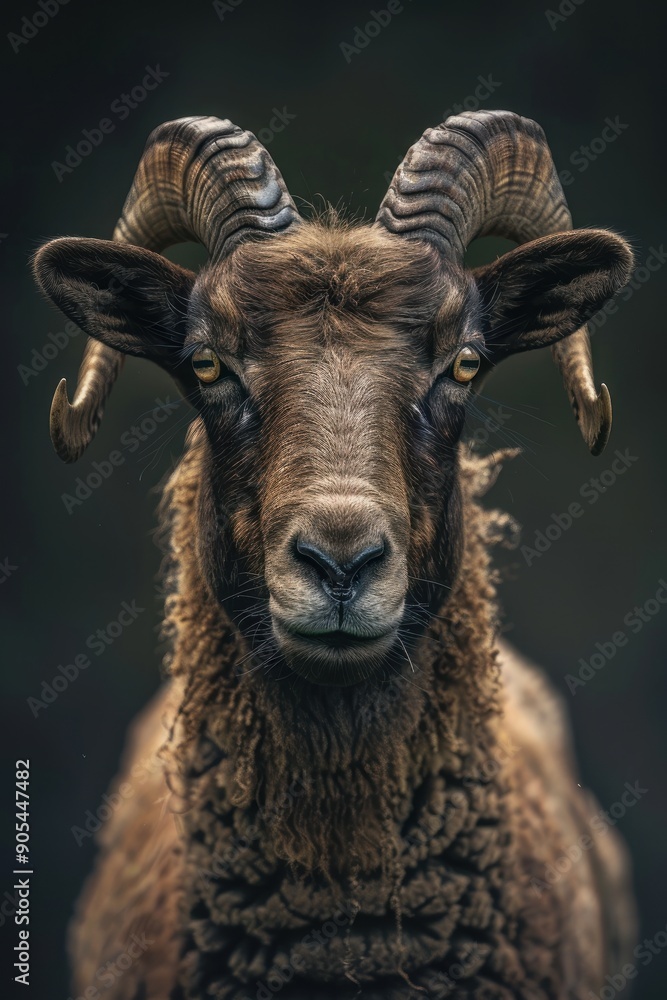 Majestic Black Ram with Curled Horns on Dark Background Majestic Black Ram with Curled Horns on Dark Background