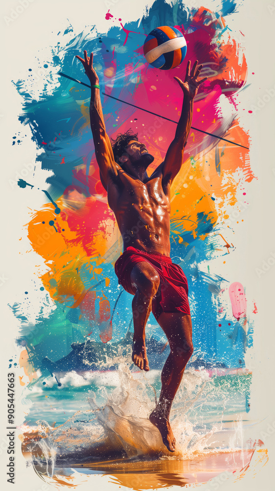 Fototapeta premium Dynamic Beach Volleyball Player Jumping to Spike a Ball Against a Background of Vibrant Colors