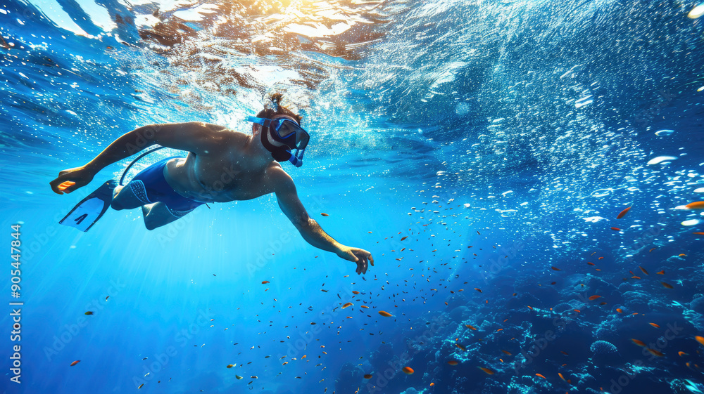 A man snorkeling underwater in the clear blue ocean, surrounded by coral reef and small fish. Captured in a vibrant and dynamic photographic style. Concept of adventure and exploration. A man snorkeling underwater in the clear blue ocean, surrounded by coral reef and small fish. Captured in a vibrant and dynamic photographic style. Concept of adventure and exploration.