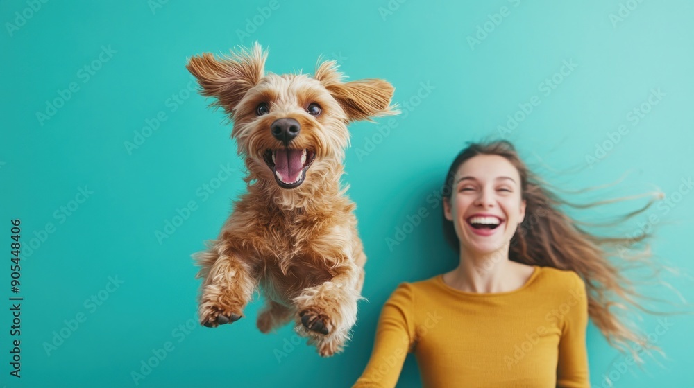 A playful moment with a dog and its owner on a vibrant solid color background. The dog is seen jumping up excitedly, while the owner smiles with joy. The background provides ample copy space, making A playful moment with a dog and its owner on a vibrant solid color background. The dog is seen jumping up excitedly, while the owner smiles with joy. The background provides ample copy space, making