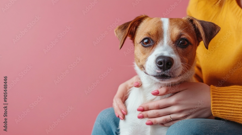 An adorable dog sitting calmly next to its owner on a solid color background. The owner gently strokes the dog's head, showcasing a tender moment of affection. The background's simplicity offers An adorable dog sitting calmly next to its owner on a solid color background. The owner gently strokes the dog's head, showcasing a tender moment of affection. The background's simplicity offers