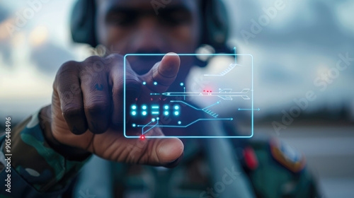 A soldier touches a holographic interface showing tactical data at dusk in a training location