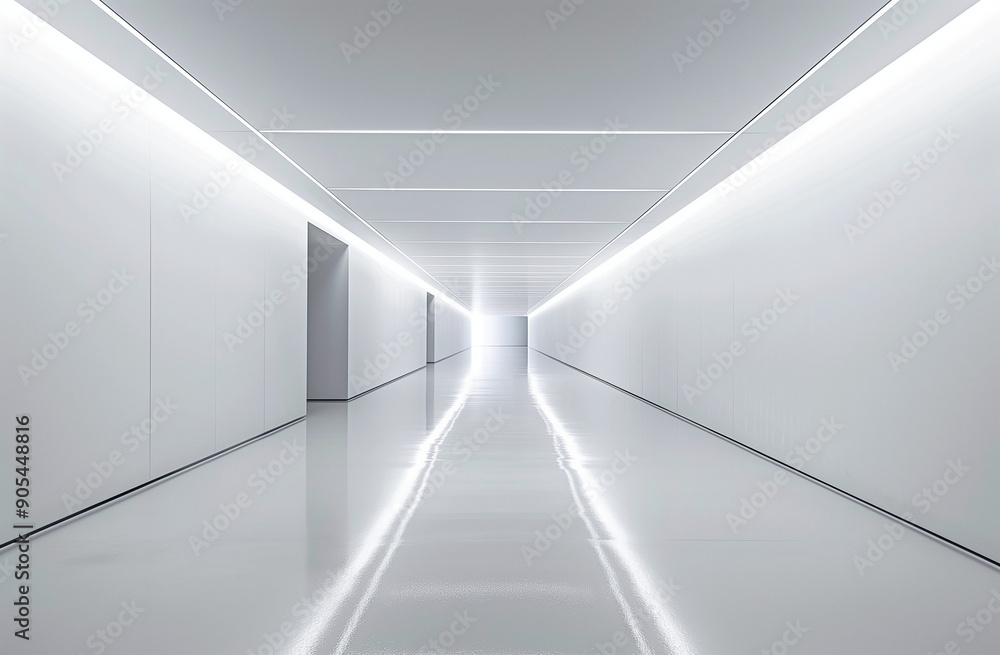 The museum's long corridor features white lighting, sleek walls, minimalistic design, and a reflective floor, creating a clean and modern atmosphere. The museum's long corridor features white lighting, sleek walls, minimalistic design, and a reflective floor, creating a clean and modern atmosphere.