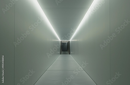 The museum's long corridor features white lighting, sleek walls, minimalistic design, and a reflective floor, creating a clean and modern atmosphere.
