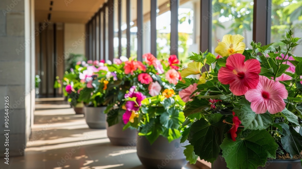 Vibrant hibiscus flowers bloom in large pots along a sunlit corridor, enhancing the indoor ambiance with their bright colors. Vibrant hibiscus flowers bloom in large pots along a sunlit corridor, enhancing the indoor ambiance with their bright colors.