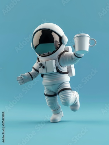 Wallpaper Mural Astronaut running with coffee cup. A 3D rendered astronaut in a white spacesuit running while holding a coffee cup. Torontodigital.ca