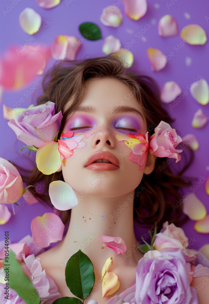 A pastel makeup palette with lilac and pink hues highlights an elegant woman with flowers, with her eyes reflecting vibrant eyeshadow shades.Minimal creative make up and nature concept. A pastel makeup palette with lilac and pink hues highlights an elegant woman with flowers, with her eyes reflecting vibrant eyeshadow shades.Minimal creative make up and nature concept.