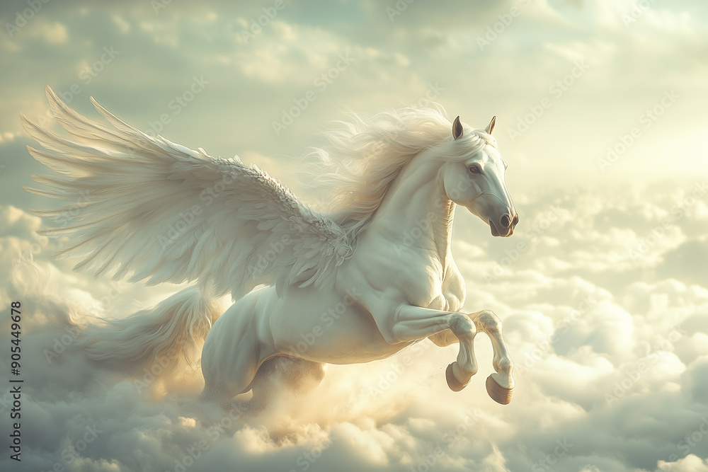 Winged Horse Pegasus Flying Through Cloudy Skies, Epitomizing Divine Inspiration and Heroic Tales from Greek Mythology Winged Horse Pegasus Flying Through Cloudy Skies, Epitomizing Divine Inspiration and Heroic Tales from Greek Mythology