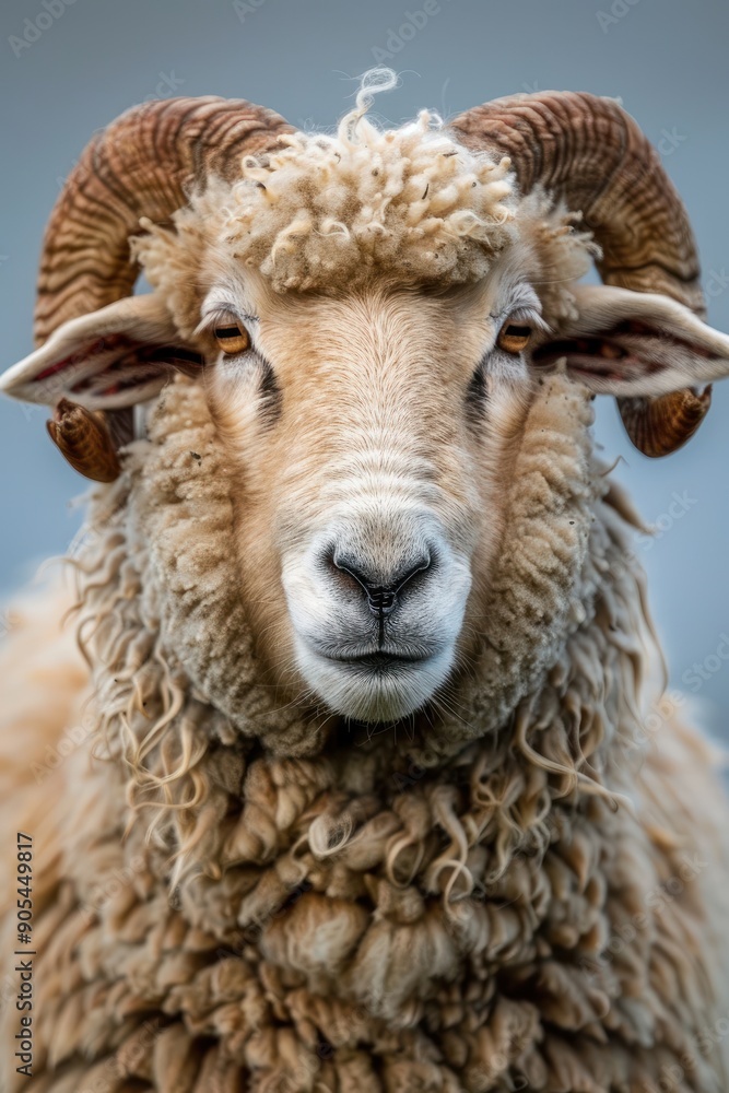 Detailed Close-Up of a Texel Sheep with Curled Horns Detailed Close-Up of a Texel Sheep with Curled Horns