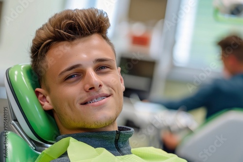 Young Man with Braces Smiling in a Dental Chair photo