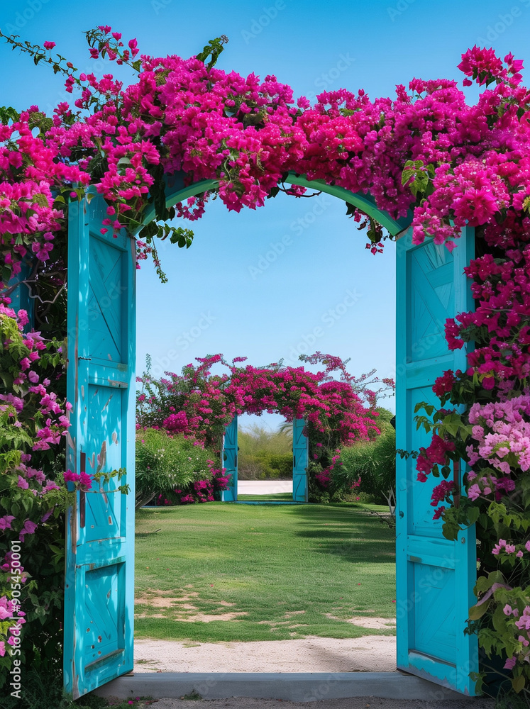 Fototapeta premium The wedding entrance features a door framed with magenta bougainvillea, leading to green grass and a turquoise gate against a blue sky.