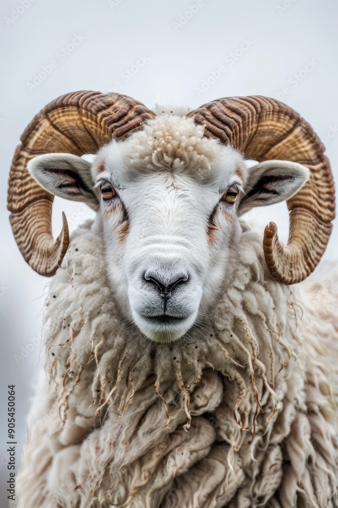 Detailed Close-Up of a Texel Sheep with Curled Horns Detailed Close-Up of a Texel Sheep with Curled Horns