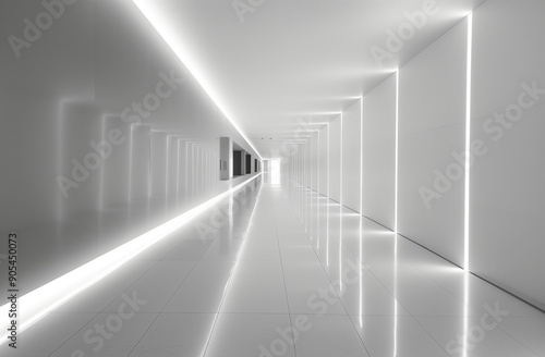 The museum's long corridor features white lighting, sleek walls, minimalistic design, and a reflective floor, creating a clean and modern atmosphere.