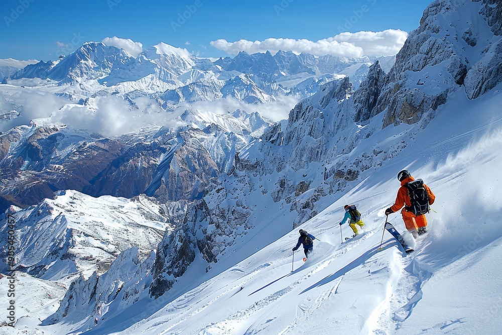 Skiers gracefully skiing down a steep mountain slope in the scenic winter landscape Skiers gracefully skiing down a steep mountain slope in the scenic winter landscape