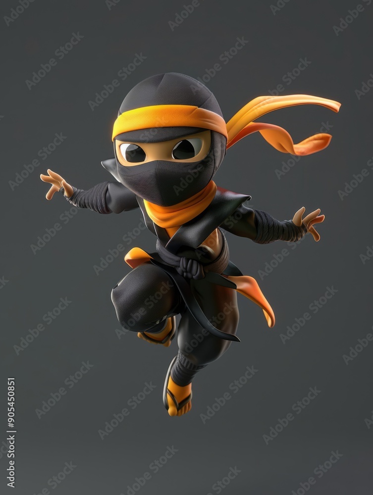 Young ninja warrior in action pose. 3D rendering of a cute ninja warrior character with a determined facial expression, striking a dynamic fighting pose. Young ninja warrior in action pose. 3D rendering of a cute ninja warrior character with a determined facial expression, striking a dynamic fighting pose.