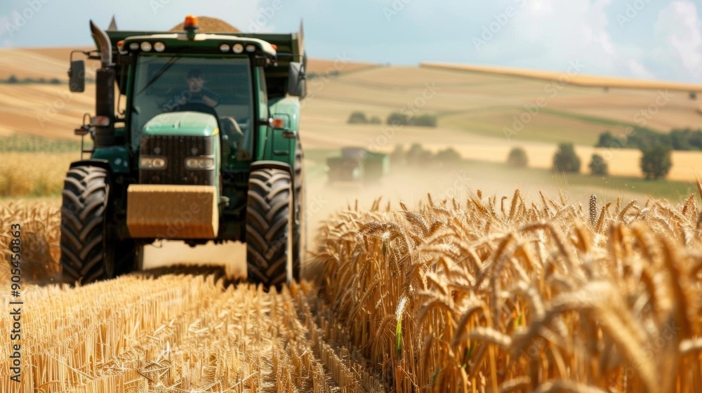 Fototapeta premium Green tractor driving through a golden wheat field on a sunny day.