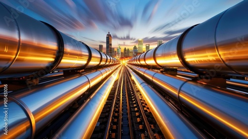 Steel pipelines leading towards a city skyline at sunset.