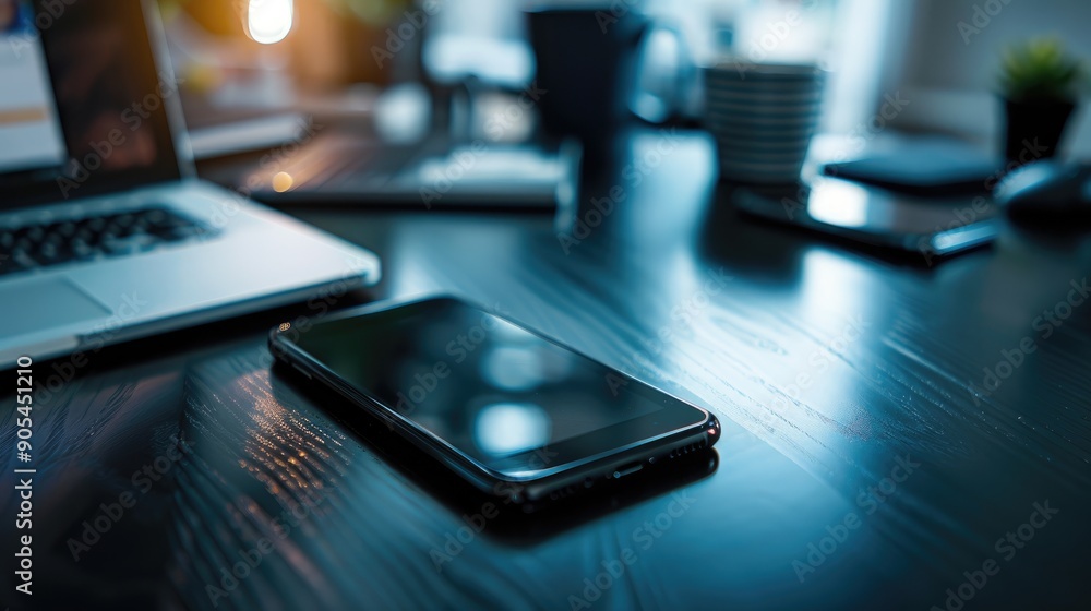Close up of smartphone on dark office table Close up of smartphone on dark office table