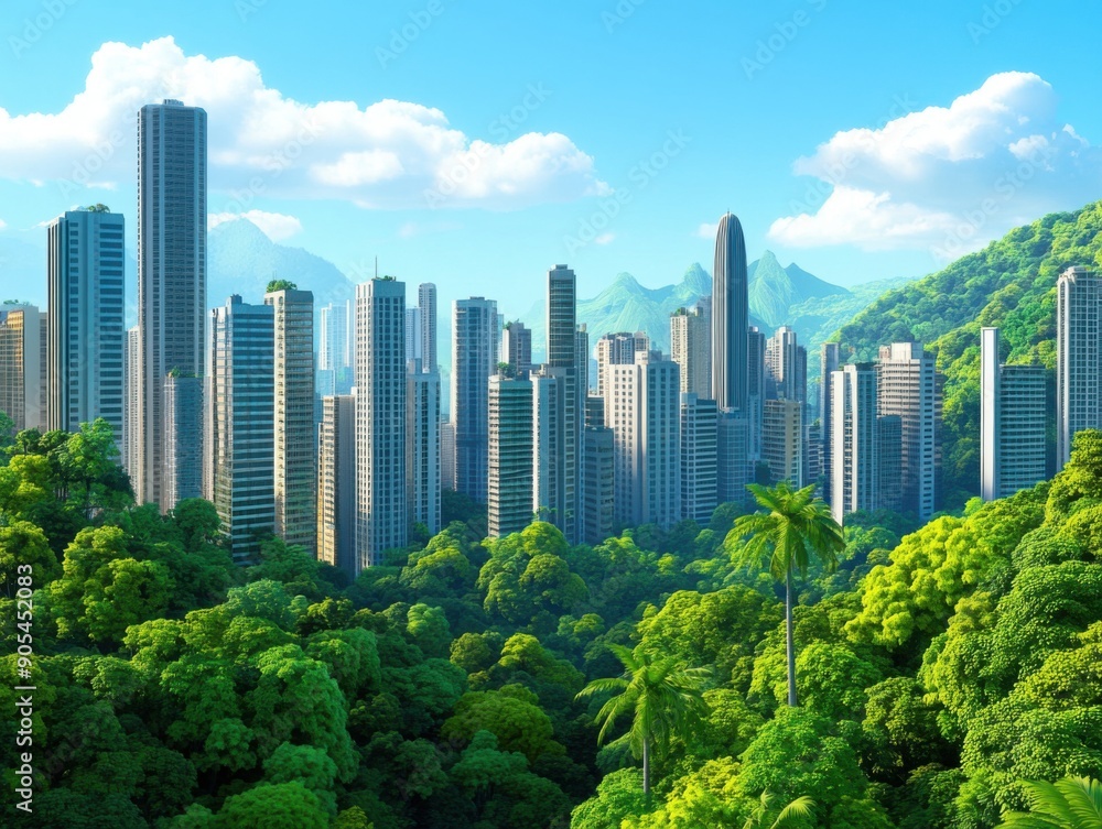 Fototapeta premium Skyscrapers surrounded by lush greenery