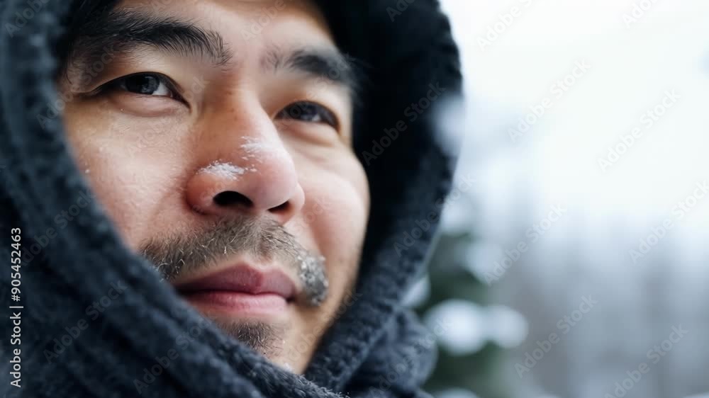 A closeup of a man of Asian descent his face partly hidden by a hood and winter scarf standing against a backdrop of snowcovered evergreen trees. His calm and pensive expression A closeup of a man of Asian descent his face partly hidden by a hood and winter scarf standing against a backdrop of snowcovered evergreen trees. His calm and pensive expression