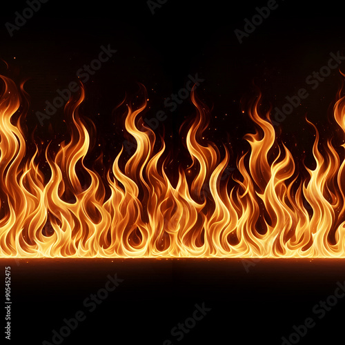 Fire flames seamless pattern on black background. Repeating flame for banner background.