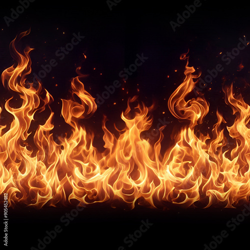 Fire flames seamless pattern on black background. Repeating flame for banner background.