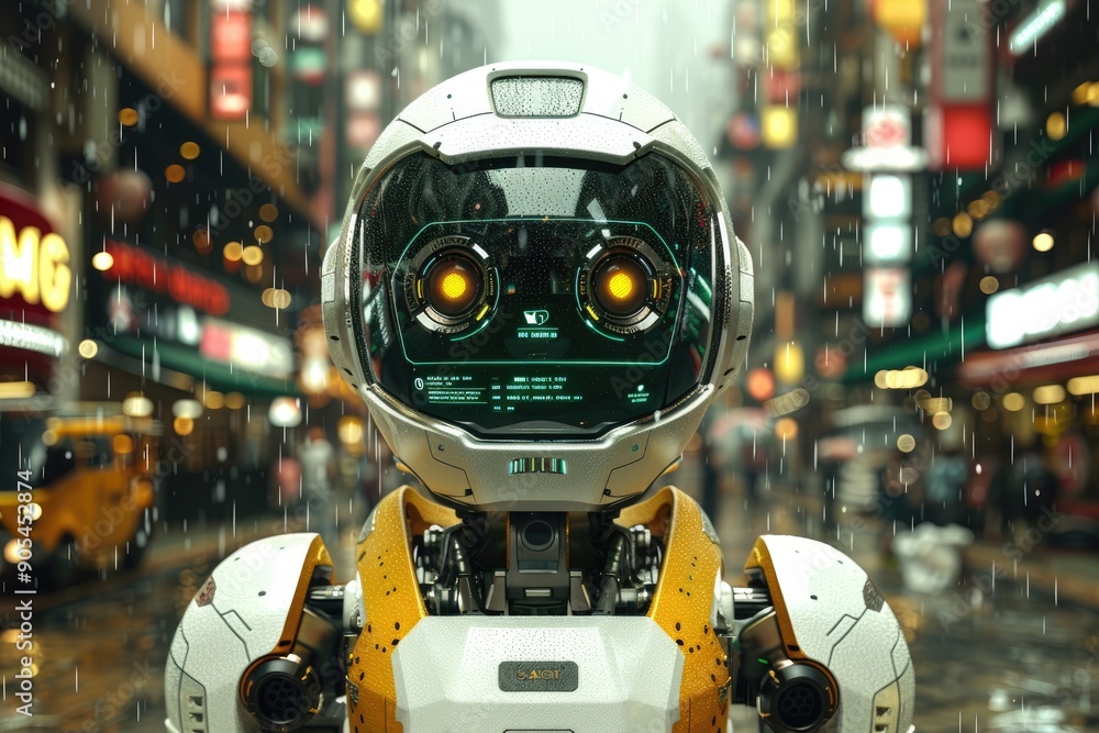 Futuristic Robot in Rainy City Street Futuristic Robot in Rainy City Street