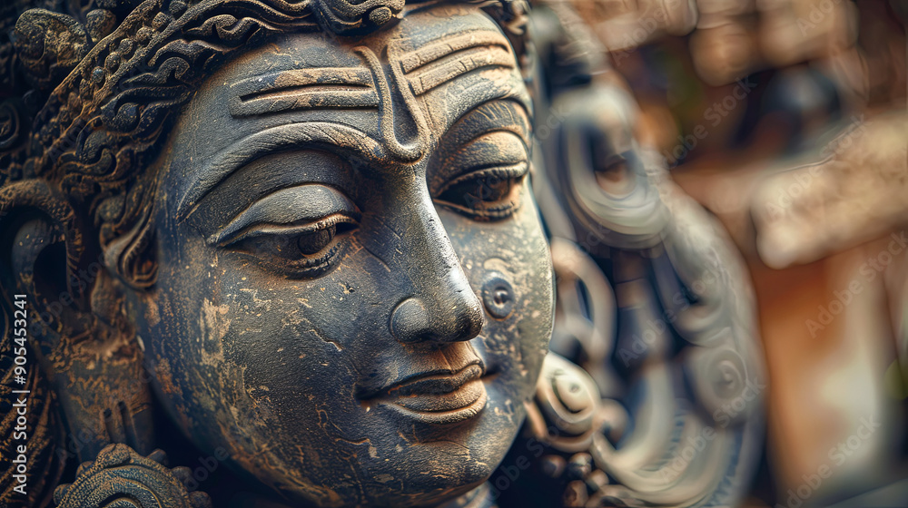 Close up face of Lord Shiva sculpture religion Hinduism god spiritual India asia temple faith meditation culture tradition belief weathered stone carved antique ancient detail Close up face of Lord Shiva sculpture religion Hinduism god spiritual India asia temple faith meditation culture tradition belief weathered stone carved antique ancient detail