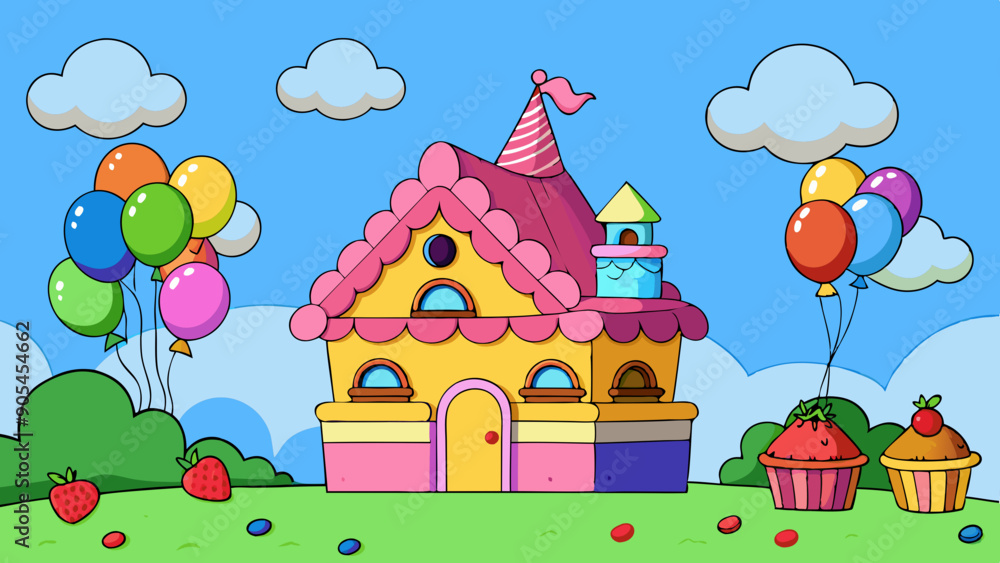cartoon house with a lot of balloons vector illustration cartoon house with a lot of balloons vector illustration