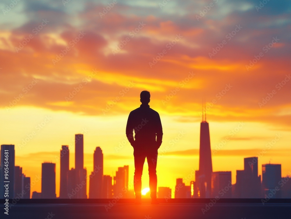 Person on rooftop overlooking sunset city skyline Person on rooftop overlooking sunset city skyline