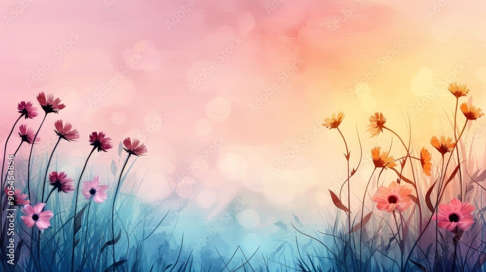 Obraz premium A serene landscape featuring blooming flowers against a soft pastel background, embodying tranquility and natural beauty.