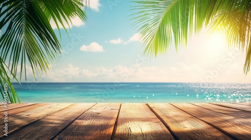 Tropical Escape: Wooden Table with Palm Leaves and Seascape for Product Display