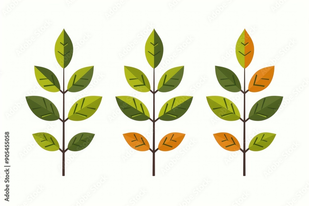 Flat Design Green and Yellow Branch with Leaves Illustration Flat Design Green and Yellow Branch with Leaves Illustration