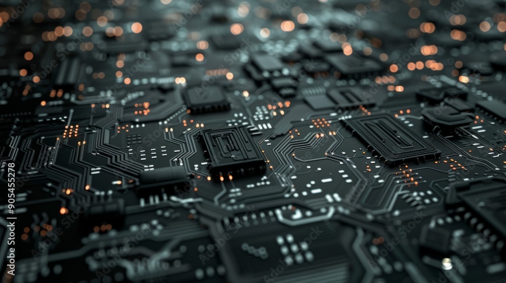 Electronic circuit board technology background. Dark modern electronic circuit board with illuminating elements, perfect for showcasing technological advancements or digital concepts. Electronic circuit board technology background. Dark modern electronic circuit board with illuminating elements, perfect for showcasing technological advancements or digital concepts.
