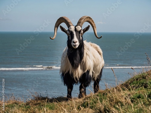 Wild male goat with large horns, Brean Down coast, Somerset, in natural habitat photo