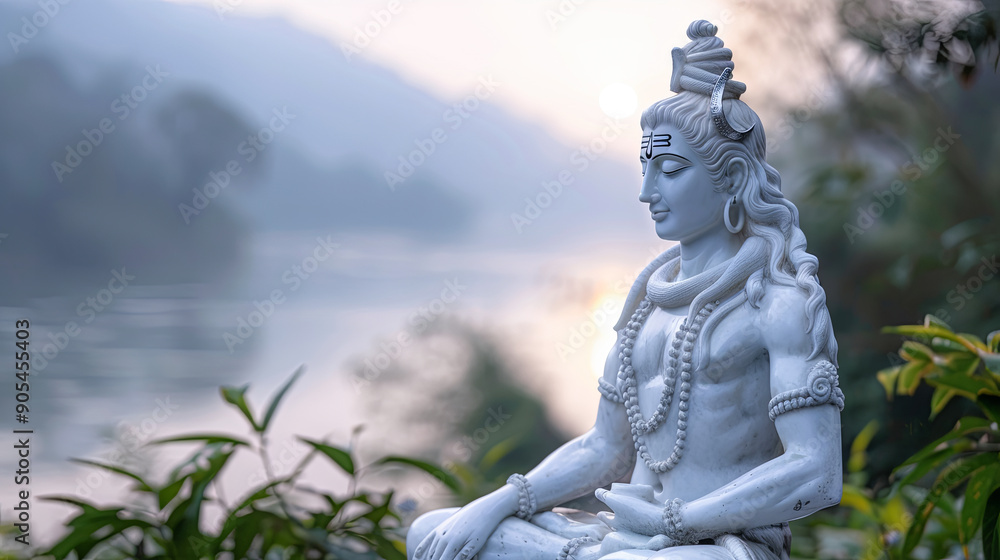Fototapeta premium White marble Lord Shiva statue in meditation pose yoga with sunrise background Hindu god religious spirituality peace tranquility India culture faith belief