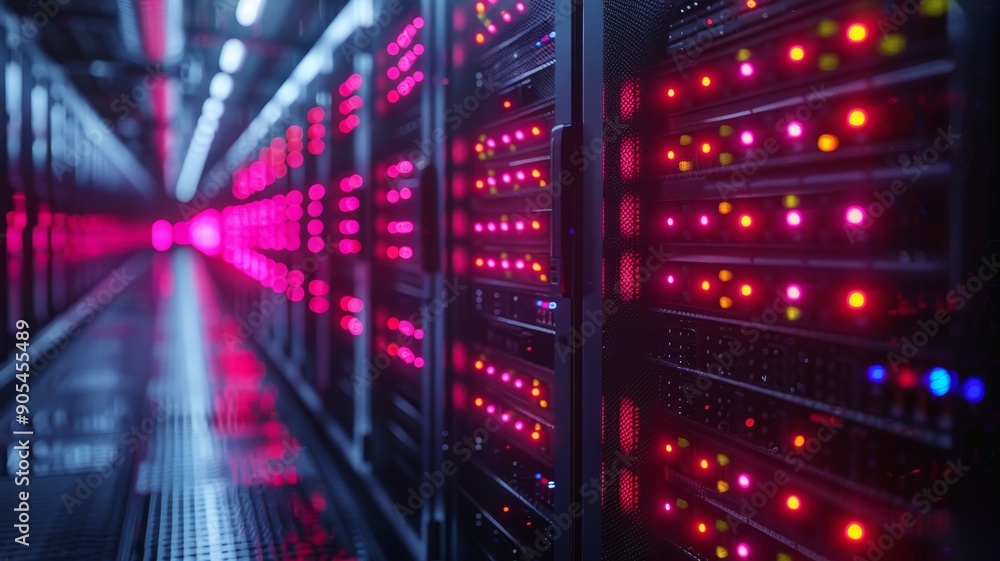 A detailed view of a secure server room with rows of servers A detailed view of a secure server room with rows of servers