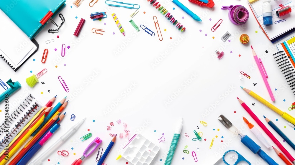 Background frame of colorful school supplies isolated on white iwith copy space. Back to school concept Background frame of colorful school supplies isolated on white iwith copy space. Back to school concept