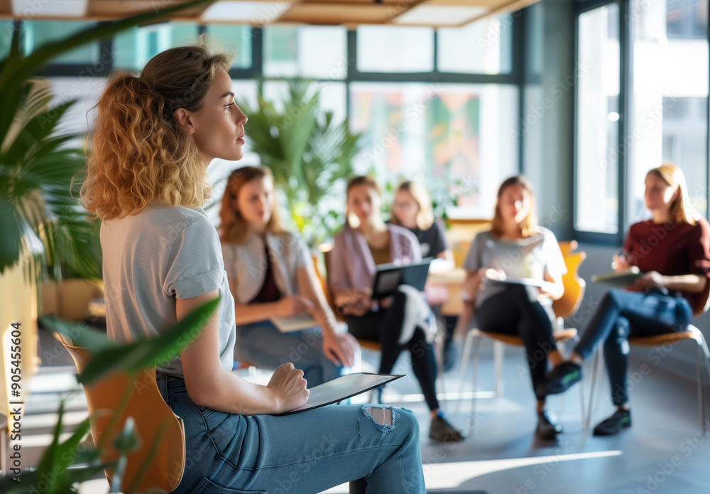 Female business coach presenting to a group of employees in a modern office setting Female business coach presenting to a group of employees in a modern office setting