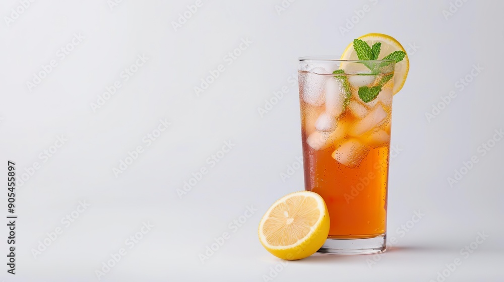Refreshing iced tea with lemon and mint on blue background. Refreshing iced tea with lemon and mint on blue background.