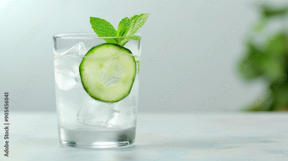 Refreshing cucumber water with mint garnish and ice cubes in a glass. Refreshing cucumber water with mint garnish and ice cubes in a glass.