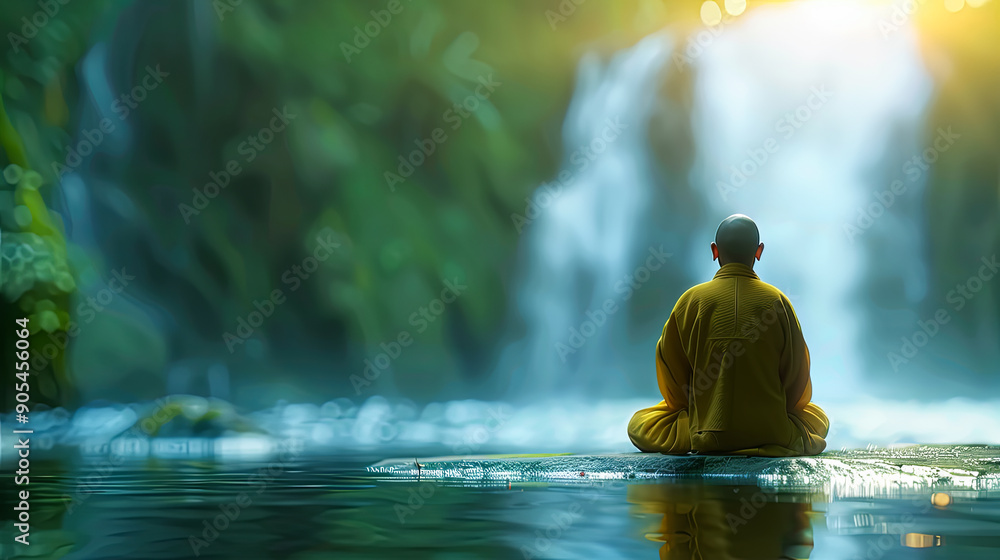Buddhist monk in orange robe meditating in lotus pose on rock in river flowing from waterfall in green forest mindfulness meditation peace tranquility zen spiritual wellness concept Buddhist monk in orange robe meditating in lotus pose on rock in river flowing from waterfall in green forest mindfulness meditation peace tranquility zen spiritual wellness concept